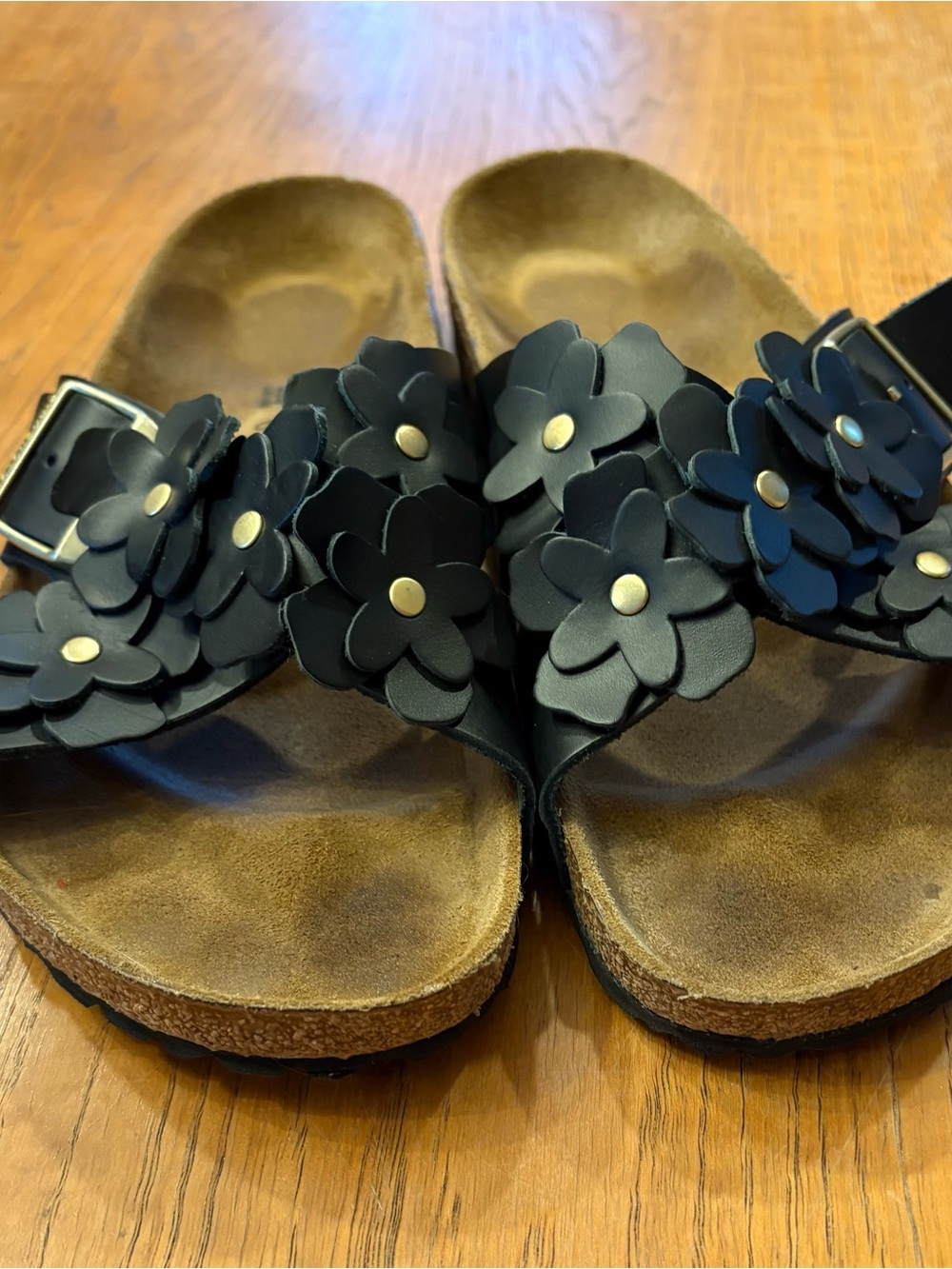 Birkenstock ; Women’s Black Floral Cork Footbed Sandals